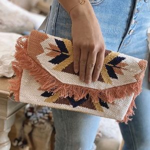 New Fringed Aztec Pink Tote Clutch Purse